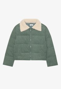 Green corduroy puffer jacket with a front zipper and cream-colored fluffy collar, long sleeves, and a cropped fit.