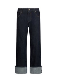 Jeans in denim blu scuro con una vestibilità ampia, caratterizzati da un orlo arrotolato e cuciture a contrasto. Design classico a cinque tasche con chiusura a bottone frontale.