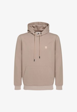 Beige Kapuzenpullover mit Front-Kängurutasche, verstellbare Kapuze, gerippte Bündchen und kleinem Logopatch auf der Brust.