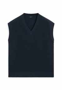 Mörkblå ärmlös topp med V-ringning, ribbad textur och rak f åll. Enkelt design utan mönster eller dekorationer.