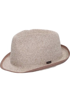 Light brown woven fedora hat with a slightly upturned brim and a small black brand label on the side.
