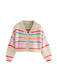 Striped cropped cardigan in soft, multicolored yarn. Features a V-neck, button closure, and ribbed cuffs. Colors include pink, red, green, and blue.
