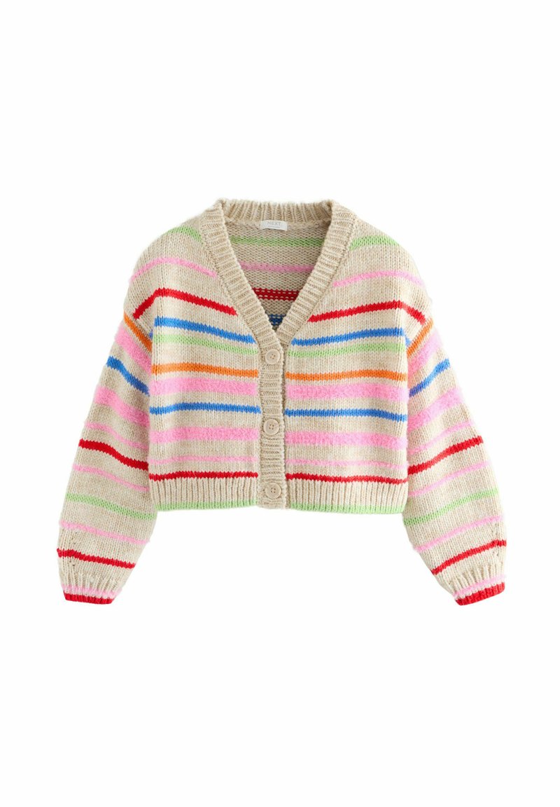 Striped cropped cardigan in soft, multicolored yarn. Features a V-neck, button closure, and ribbed cuffs. Colors include pink, red, green, and blue.