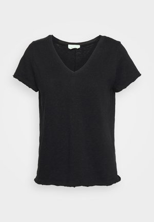 Black short-sleeve t-shirt with a V-neck, made of soft fabric. Features a relaxed fit and raw-edged hems for a casual look.