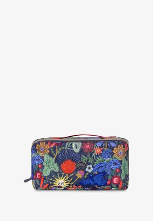Bloemdruk portemonnee met een marineblauwe achtergrond, voorzien van levendige kleuren, een ritssluiting en een draagriem. Gemaakt van gestreept synthetisch materiaal.