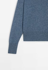 Pull tricoté bleu avec une texture lisse, manches longues et ourlet côtelé. Le design est simple, sans motifs ni ornements visibles.