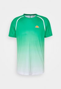 Zeleno-bílý gradient sportovní trikot s krátkým rukávem, bílým lemem na ramenou a malou barevnou nášivkou na hrudi.