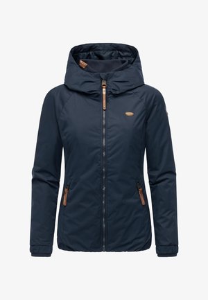 Marineblaue, isolierte Jacke mit Kapuze, ausgestattet mit einem Frontreißverschluss und zwei Seitentaschen, akzentuiert durch braune Kunstlederdetails.