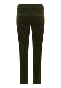 Dunkelgrüne Cordhosen mit schmalem Schnitt, ausgestattet mit zwei eingekerbten Gesäßtaschen und mittelhohem Bund.