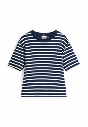 Mørkeblå og hvidstribet kortærmet t-shirt med rund halsudskæring, der har et lille logo på brystet. Fremstillet af blødt bomuldsstof.