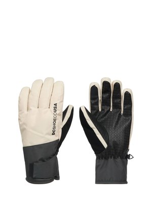 Paar schwarz-beiger Winterhandschuhe mit Grip-Textur auf den Handflächen und dem Markennamen DC SHOES USA auf der Rückseite des linken Handschuhs.