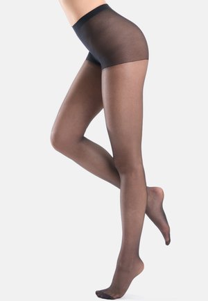 Durchsichtige schwarze Strumpfhosen mit glatter Textur, hohem Bund und verstärkten Zehen, die eine gleichmäßige Abdeckung von der Taille bis zum Knöchel bieten.
