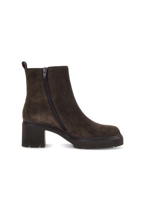 Dark brown suede ankle boot with side zipper, block heel, and pull tab on a white background.