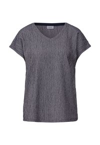 Top corto de manga corta gris con textura, escote en V y sutiles líneas verticales. Confeccionado en tela ligera, presenta un corte holgado.
