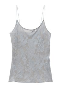 Camisole en soie gris clair avec fines bretelles spaghetti et motif jacquard floral subtil.