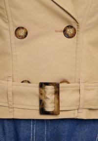 Beige dubbelzijdige jas met grote schildpadknopen en een bijpassende riem met een rechthoekige gesp, vervaardigd uit een gladde stof.