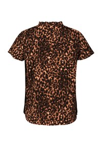 Bruine luipaardprint top met korte mouwen, voorzien van een hoge kraag en een losse snit. Zachte textuur met een licht glanzende afwerking.