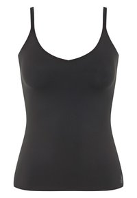 Black sleeveless top with a V-neck, made of smooth, stretchy fabric. Features thin straps and a fitted design.