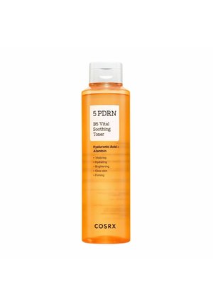 Flacon orange du toner apaisant vital COSRX 5 PDRN B5 avec acide hyaluronique et allantoin pour hydrater, éclaircir et raffermir la peau.