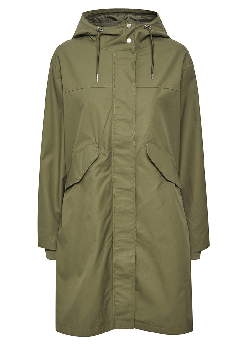 Olivgrüner, wasserdichter Parka mit Kapuze, zwei Fronttaschen, Druckknopfverschluss und verstellbaren Kordeln. Glatte Textur und knielanges Design.