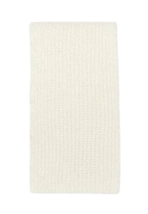 Sciarpa lavorata a maglia di un morbido colore crema, con un motivo texturizzato, piegata piatta su uno sfondo bianco.