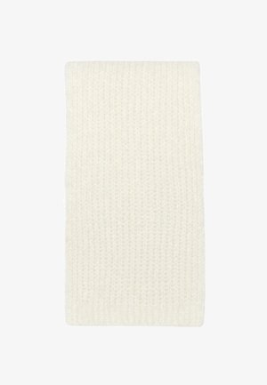Écharpe tricotée de couleur crème, douce, avec un motif texturé, pliée à plat sur un fond blanc.