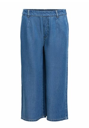 Pantaloni largi de blugi albaștri, croi 3/4, cu talie elastică și buzunare frontale, cusături simple, fără nasturi sau fermoare vizibile.