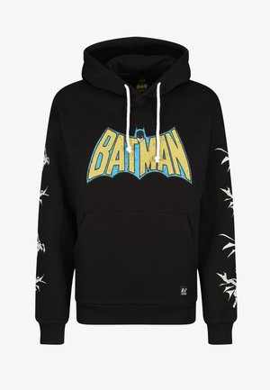 Felpa nera con cappuccio caratterizzata da una grande grafica colorata "BATMAN" sul davanti. Corde bianche e grafiche bianche dettagliate sulle maniche. Tessuto morbido.