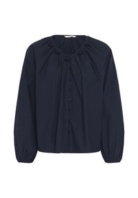 Blouse à manches longues bleu marine avec un col froncé, ornée de rosettes en tissu et d'une fermeture à boutons sur le devant avec des poignets ajustés.