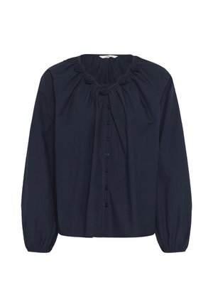 Námořnická modrá blůza s dlouhým rukávem a nabraným výstřihem, zdobená textilními růžičkami a zapínáním na knoflíky vepředu s přiléhavými manžetami.