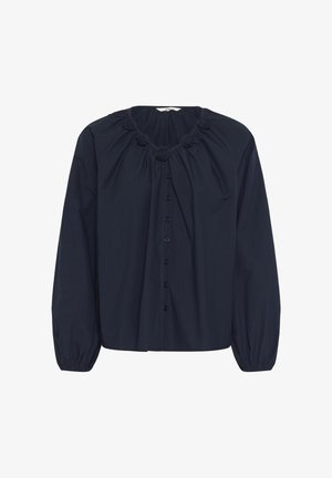 Sötétkék, hosszú ujjú blúz, húzott nyakkivágással, szövet rózsákkal és gombos elülső résszel, illeszkedő mandzsettákkal.