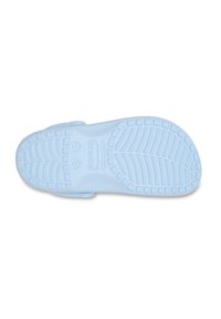 Light blue rubber sandal sole with a textured tread pattern, featuring ridges and squares for grip, and smooth edges around the perimeter.
