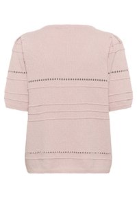 Kratke rokave, lahka jopica v svetlo roza barvi s teksturiranimi črtami in sivimi pikami. Okrugli izrez vrat in sproščen kroj.