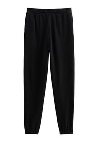 Zwarte joggers gemaakt van zachte stof, met een elastische tailleband en taps toelopende boorden bij de enkels voor een comfortabele pasvorm.