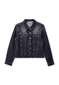 Veste en jean noire avec un col à revers, des boutons sur le devant et des manches longues. Dotée de poches poitrine et latérales, design structuré.