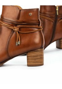 Bottines en cuir marron avec talons blocs empilés, fermeture éclair latérale et lacets décoratifs noués autour de la cheville.