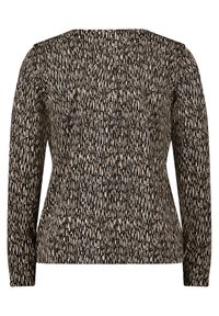 Langärmliges Oberteil aus schwarzem Stoff mit einem strukturierten Muster aus weißen und beige vertikalen Linien, mit einem runden Ausschnitt und figurbetonter Passform.