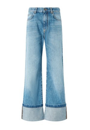 Svijetloplave traperice širokih nogavica s visokim strukom, zatvaranjem na prednje kopčanje i velikim presavijenim rubovima na nogavicama.