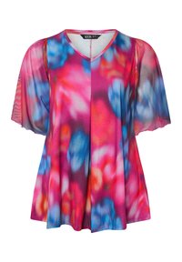 Blusa floreale con maniche corte e gonfiate. Presenta un scollo a V in vivaci tonalità di rosa, blu e viola con una morbida e fluida consistenza.