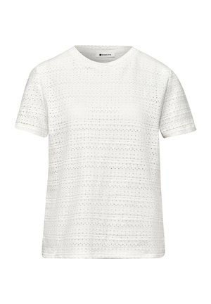 Witte top met korte mouwen en een ronde hals, met horizontale kanten strepen met oogjes en een normale pasvorm van Street One.