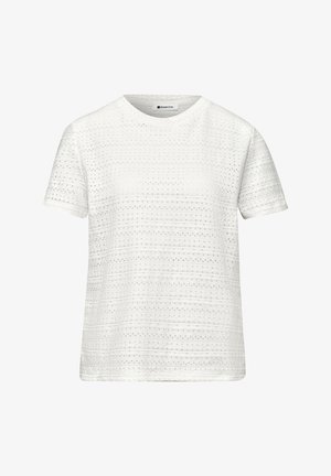 Witte top met korte mouwen en een ronde hals, met horizontale kanten strepen met oogjes en een normale pasvorm van Street One.