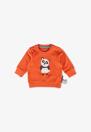 Felpa arancione a maniche lunghe per neonati con un panda fumetto sul davanti e un piccolo charm a forma di cane appeso sul lato.