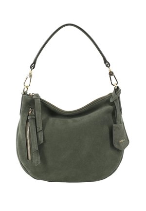 Dark green suede handbag with single strap, front zip pocket, gold hardware, and small branded leather tag.