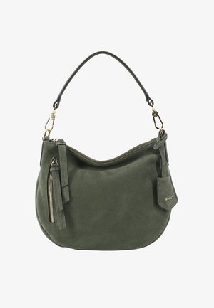 Dark green suede handbag with single strap, front zip pocket, gold hardware, and small branded leather tag.