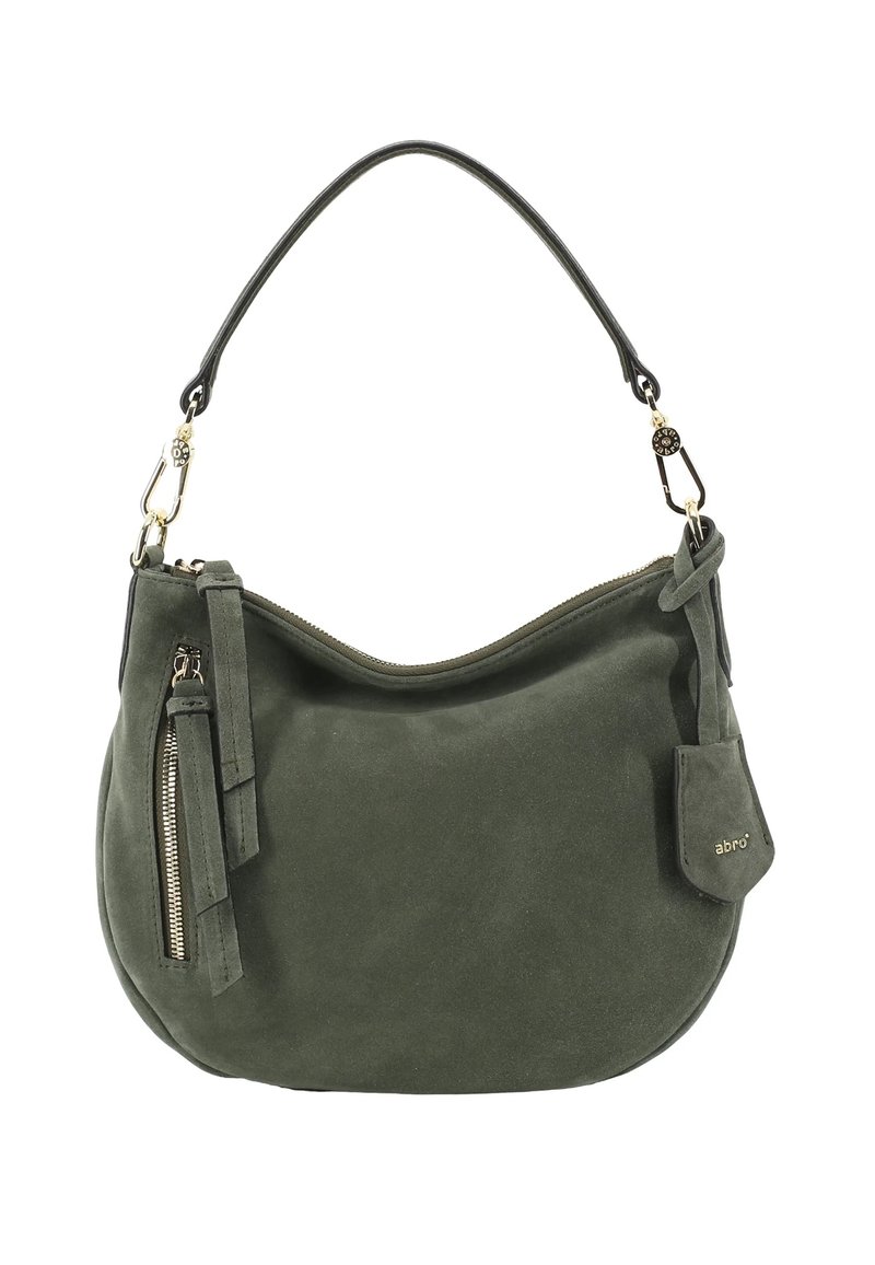 Dunkelgrüne Wildleder-Handtasche mit einem Einzelgurt, einer vorderen Reißverschlusstasche, goldenen Beschlägen und einem kleinen Markenlederanhänger.