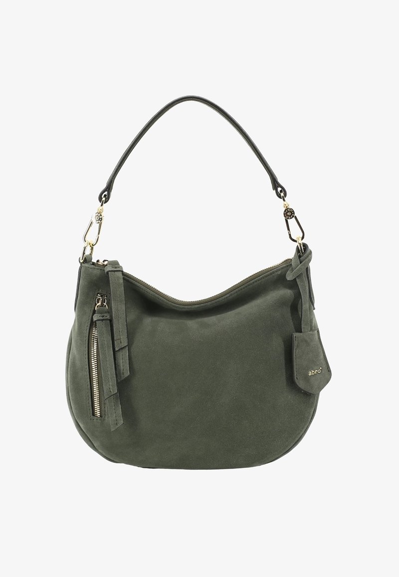 Dunkelgrüne Wildleder-Handtasche mit einem Einzelgurt, einer vorderen Reißverschlusstasche, goldenen Beschlägen und einem kleinen Markenlederanhänger.