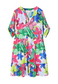 Bloemendress met een V-hals, korte mouwen en een elastische tailleband. Heldere kleuren zoals roze, blauw, en groen op een lichte achtergrond.