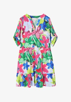 Floral dress featuring a V-neck, short sleeves, and an elastic waistband. Bright colors include pink, blue, green on a light background.