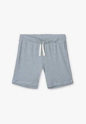 Shorts pour hommes rayés en bleu et blanc. Fabriqués en tissu doux, dotés d'une taille élastique avec cordon de serrage et d'ourlets cousus.