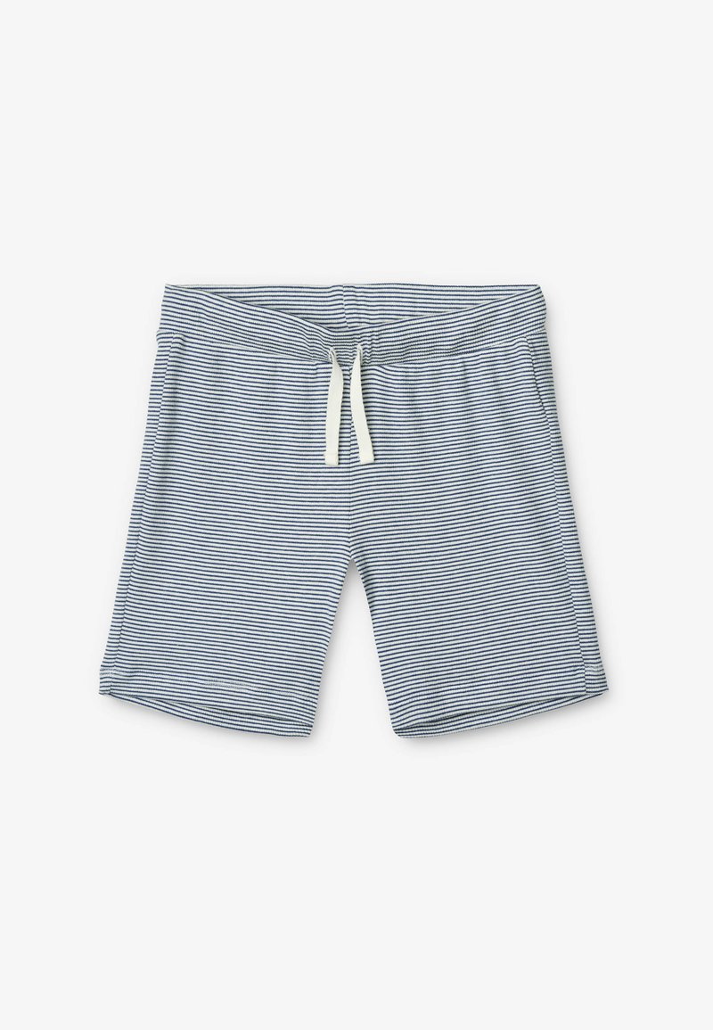 Bermudas para hombre a rayas en azul y blanco. Fabricadas con un tejido suave, cuentan con una cintura elástica con cordón y dobladillos cosidos.